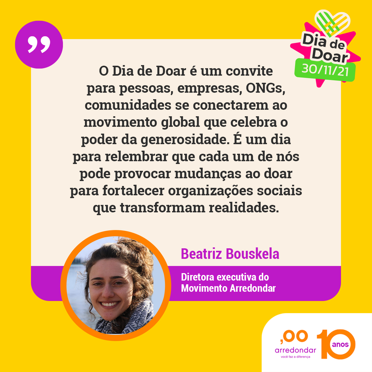 Beatriz Bouskela, diretora executiva do Movimento Arredondar, fala sobre Dia de Doar